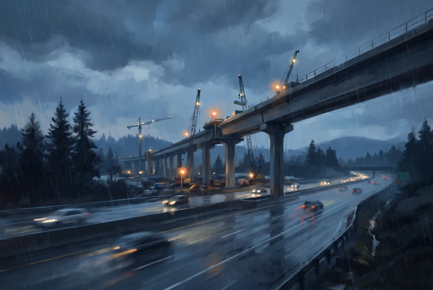 An elevated rail guideway under construction above a wet highway at dusk, with cranes, work lights and conifers